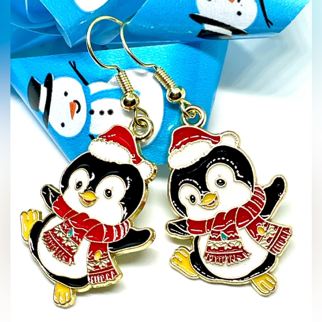 Dancing Christmas Penguins With Red Santa Hats And Scarves Enamel Earrings Nwt